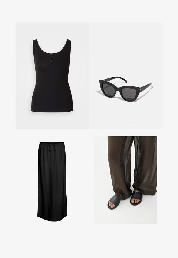 Débardeur noir en tissu côtelé, avec une encolure dégagée et trois boutons-pression en métal sur le devant. Texture lisse, forme ajustée.; Jupe maxi noire avec taille à cordon de serrage et deux boutons en bois, dotée d'un tissu lisse et léger et d'un design simple et droit.; Pieds en sandales slides noires associés à un pantalon marron fluide et transparent sur un fond blanc uni.; Lunettes de soleil noires en forme d'œil de chat avec une finition mate, dotées de verres teintés gris, d'angles aigus et de branches élégantes. Nom de la marque visible sur la branche intérieure.