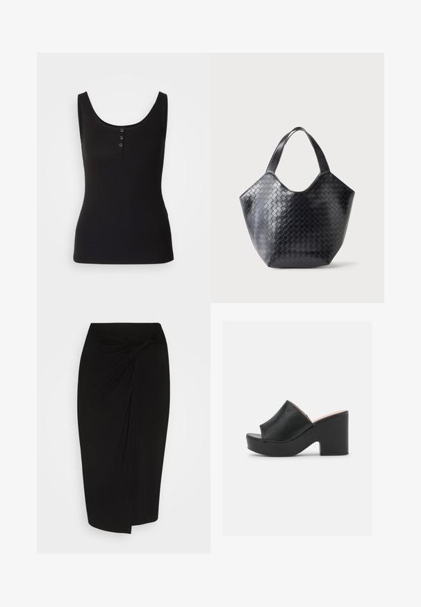 Sort tanktop lavet af ribbet stof, med en rund halsudskæring og tre metal snapknapper ned foran. Glat tekstur, tætsiddende form.; Sort knælang nederdel i et blødt, strækbart stof, med en snoet knude detalje i taljen og en slank, tætsiddende silhuet.; Sorte læder open-toe mules har et bredt forreste strop og en chunky, høj platformhæl med en glat tekstur. Vist fra siden.; Sort læderhåndtaske med flettet mønster, bredt åbent top og to skulderremme, vist mod en ensartet lys baggrund.