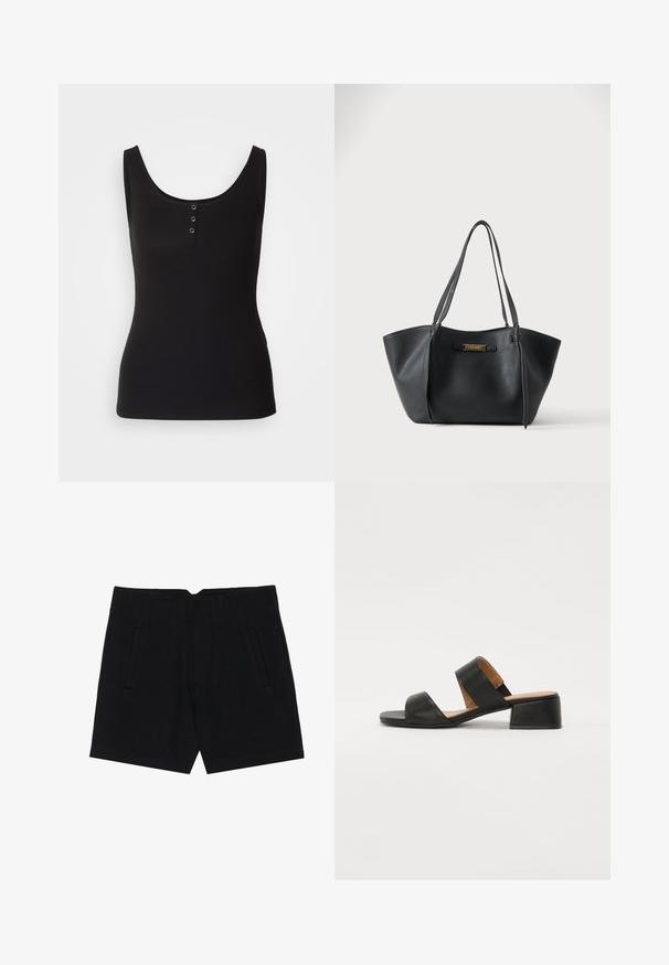 Sort tanktop lavet af ribbet stof, med en rund halsudskæring og tre metal snapknapper ned foran. Glat tekstur, tætsiddende form.; Sorte shorts lavet af et glat stof, der har sidelommer, en skræddersyet pasform og strukturerede læg foran for en ren silhuet.; Sort lædersandal med to brede stropper over foden, en firkantet tå og en lav blokhælhøjde. Glat tekstur og minimalistisk design.; Sort læder tote taske med dobbelte skulderstropper og en lille guldfarvet mærkeplade foran midt på.