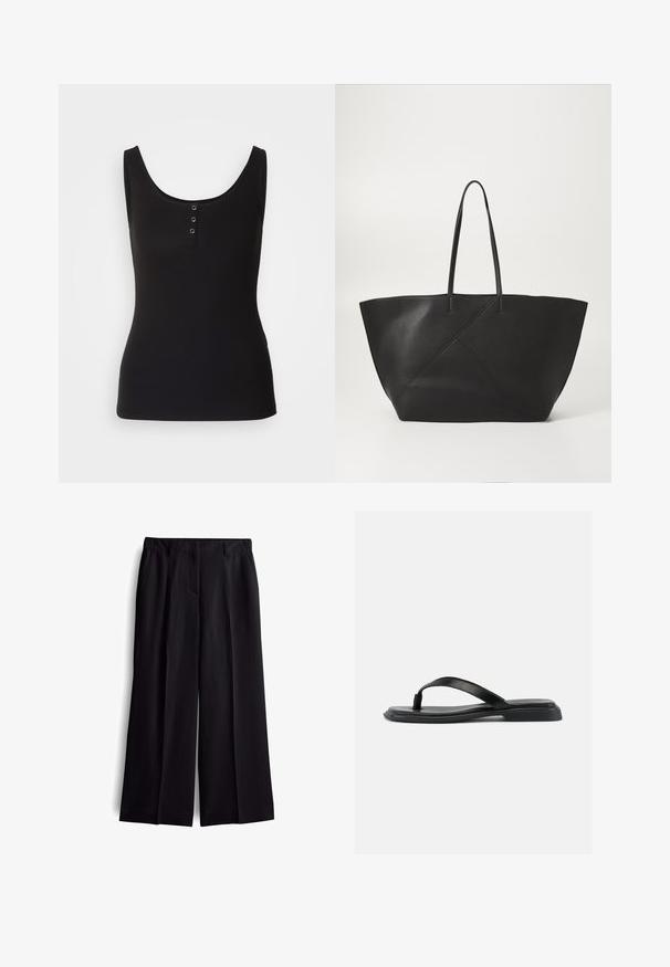 Schwarzes Tanktop aus geripptem Stoff mit Rundhals und drei metallischen Druckknöpfen an der Vorderseite. Glatte Textur, figurbetonte Schnittform.; Schwarze Culottes mit glatter Textur, die über vordere Taschen und ein klares, maßgeschneidertes Design verfügen. Keine sichtbaren Verschlüsse oder Muster.; Schwarze flache Zehensandale mit strukturiertem Riemen und leicht erhöhtem Absatz, seitlich auf hellem Hintergrund gezeigt.; Schwarze Leder-Umhängetasche mit langen Griffen und subtilen diagonalen Stichdetails auf der Vorderseite, auf einem weißen Hintergrund stehend.