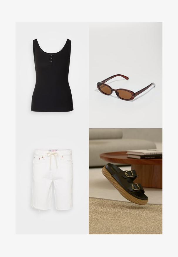 Débardeur noir en tissu côtelé, avec une encolure dégagée et trois boutons-pression en métal sur le devant. Texture lisse, forme ajustée.; Shorts en denim blanc avec un ourlet effiloché, featuring une taille à cordon, cinq poches et des accents en métal couleur cuivrée.; Sandale noire à enfiler avec deux boucles dorées réglables et semelle plateforme tissée sur un tapis beige devant une table en bois avec des livres.; Lunettes de soleil rondes teinte brun avec une monture bordeaux brillante. Branches fines avec un détail de marque subtil. Design de verres plats.