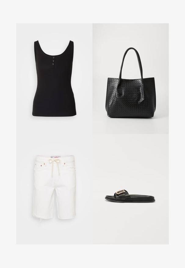 Débardeur noir en tissu côtelé, avec une encolure dégagée et trois boutons-pression en métal sur le devant. Texture lisse, forme ajustée.; Shorts en denim blanc avec un ourlet effiloché, featuring une taille à cordon, cinq poches et des accents en métal couleur cuivrée.; Sandale noire en cuir avec un large bandeau, une boucle métallique, une semelle plate et une texture lisse. Design simple et épuré.; Sac de tote en cuir tressé noir avec deux poignées, forme structurée et finition légèrement brillante sur un fond clair.