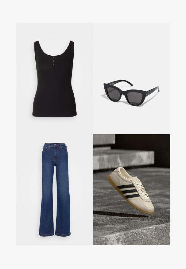 Zwarte tanktop van ribbelstof, met een ronde hals en drie metalen drukknoopjes aan de voorkant. Glad textuur, aansluitende pasvorm.; Wijd-uitlopende jeans gemaakt van donkerblauwe denim. Heeft een hoge taille, vijf-pocket ontwerp en subtiele stiksels op de naden.; Witte sneaker met zwarte strepen en rubberen zool zwevend boven betonnen trap in zacht daglicht.; Zwarte cat-eye zonnebril met een matte afwerking, voorzien van grijs getinte glazen, scherpe hoeken en slanke zijarmen. Merkennaam zichtbaar op de binnenarm.