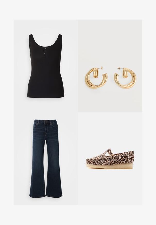 Sort tanktop lavet af ribbet stof, med en rund halsudskæring og tre metal snapknapper ned foran. Glat tekstur, tætsiddende form.; Mos Mosh HERA - Flared jeans - dark blue; Loafer-stil sko med leopardprint stof, beige krep-sål og en sidelukningsrem med spænde på hvid baggrund.; Par af skinnende gyldne dobbelt loop øreringe med stift-lukning på hvid baggrund.
