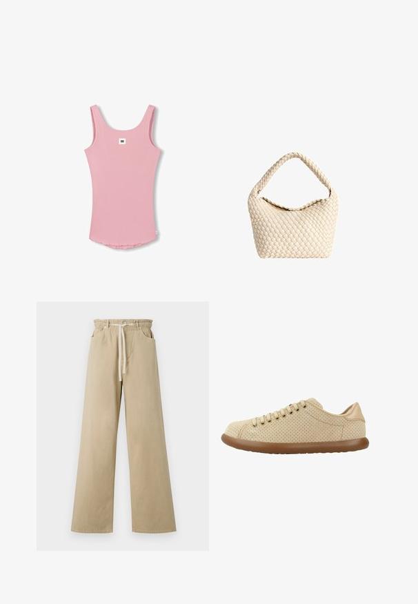 Pink ribbet tanktop med en rund halsudskæring, tynde stropper og en afrundet kant. Har et lille firkantet logo på bagsiden. Blødt bomuldsblandingsmateriale.; Beige viddebenede bukser lavet af bomuld med elastisk talje og snøre. Har to sidelommer og en glat tekstur.; Beige perforeret sneaker med en glat overdel, rund tå og brun gummisål. Har seks snørrehuller og et lavprofildesign.; Kremfarvet flettet lædertaske med bred flettet hank og blød, slasket form.