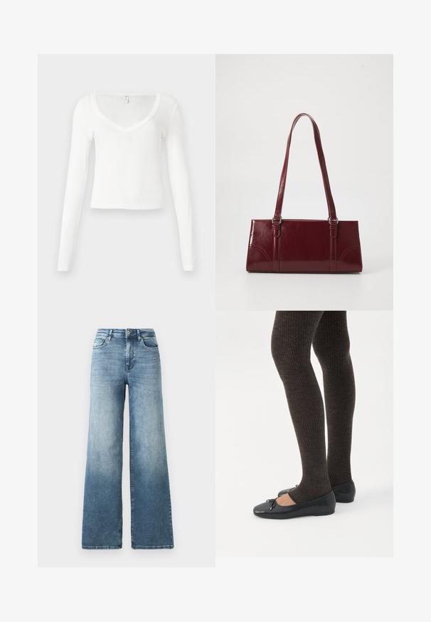 Hvid, cropped, tæt siddende V-hals skjorte med lange ærmer og enkel, glat stoftekstur på en neutral baggrund.; Vide ben jeans i lys blå vask, med høj talje, fem-lomme design og subtil falmen på stoffet. Klassisk metalknap lukning.; Ben iført mørke ribbede leggings kombineret med sorte balletsko med små sløjfedetaljer på hvid baggrund.; Bordeaux håndtaske lavet af glansfuldt materiale, rektangulær form, med to skulderremme og subtile buede detaljer på forsiden.
