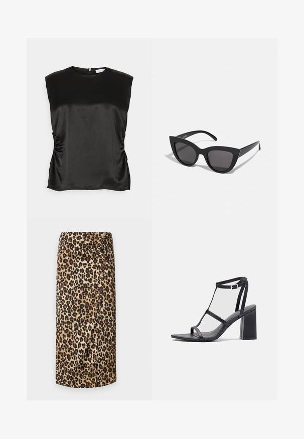 Sort ærmeløs top i satinmateriale med rund halsudskæring og sammenrullede sider for en tekstureret detalje. Ryggezipperlukning synlig.; Leopardprint midi-nederdel, silkeagtig tekstur, neutral beige bund med sorte og brune pletter, draperet design med en snoet detalje ved taljen.; Sorte hælede sandaler med firkantet tå og blokhælb. Har tynde stropper og en justerbar ankelspænde. Glat læderoverflade.; Sorte cat-eye solbriller med mat finish, der har grå tonede linser, skarpe vinkler og slanke sidearme. Mærkenavnet er synligt på den indre arm.