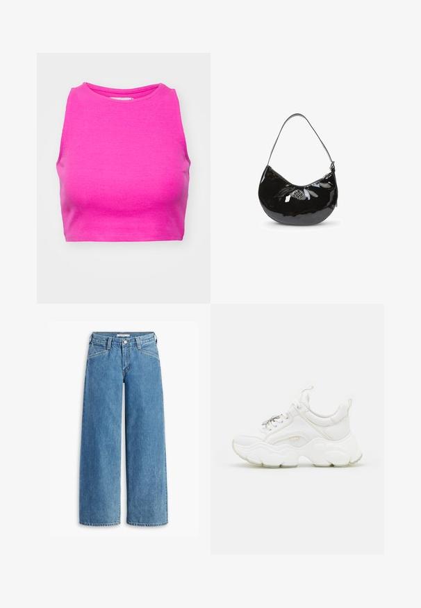 Ružový rebrovaný crop top s vysokým golierom a bezrukávovým dizajnom. Tkanina má hladkú textúru a priliehavý strih.; Svetlomodré široké džínsy vyrobené z denimu, s vysokým pásom, piatimi vreckami a klasickým zapínaním na gombíky. Priame strih od stehna po lem.; Biele chunky tenisky vyrobené z kože a sieťoviny, s hrubou podrážkou, zaoblenou špičkou a dekoračnými šnúrkami. Jemne textúrované akcenty.; Čierna lakovaná kožená kabelka s oblým tvarom, s jedným ramenným popruhom, zipsovým uzáverom a ozdobným metalickým logom. Hladká textúra.