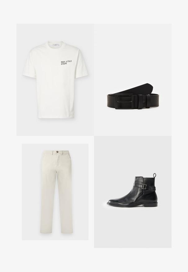 Biele tričko s krátkym rukávom a okrúhlym výstrihom s čiernym logom "Marc O’Polo Denim" potlačeným na ľavej strane hrude.; Béžové nohavice s rovnými nohavicami, prednými vreckami, pútkami na opasok, zapínaním na gombík a zipsom, zobrazené na bielom pozadí.; Čierne kožené členkové topánky s okrúhlou špičkou, detailom sponky na boku a s ťahacou očkom na päte. Ploché podrážky s jemným leskom.; Čierny kožený opasok zvinutý s matným čiernym obdĺžnikovým kovovým prackou a s dvoma pútkami na bielom pozadí.