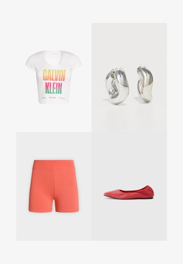 Λευκό crop top με κοντό μανίκι και μεγάλο κείμενο "CALVIN KLEIN" με διαβαθμισμένο χρώμα σε κίτρινο, πορτοκαλί, ροζ και πράσινο στο μπροστινό μέρος.; Πλεκτές σορτς σε κοραλλί χρώμα, με ψηλή μέση, φαρδιά ζώνη και υφή υφάσματος, εμφανίζονται σε απλό φωτεινό φόντο.; Filippa K REY FLATS - Μπαλαρίνες - bright red; Ασημένια γλυπτικά σκουλαρίκια με λείες, καμπύλες μορφές και ανακλαστικές επιφάνειες. Διακρίνονται για το κλειστό σχέδιο του κρίκου και την ιδιαίτερη οργανική τους μορφή.