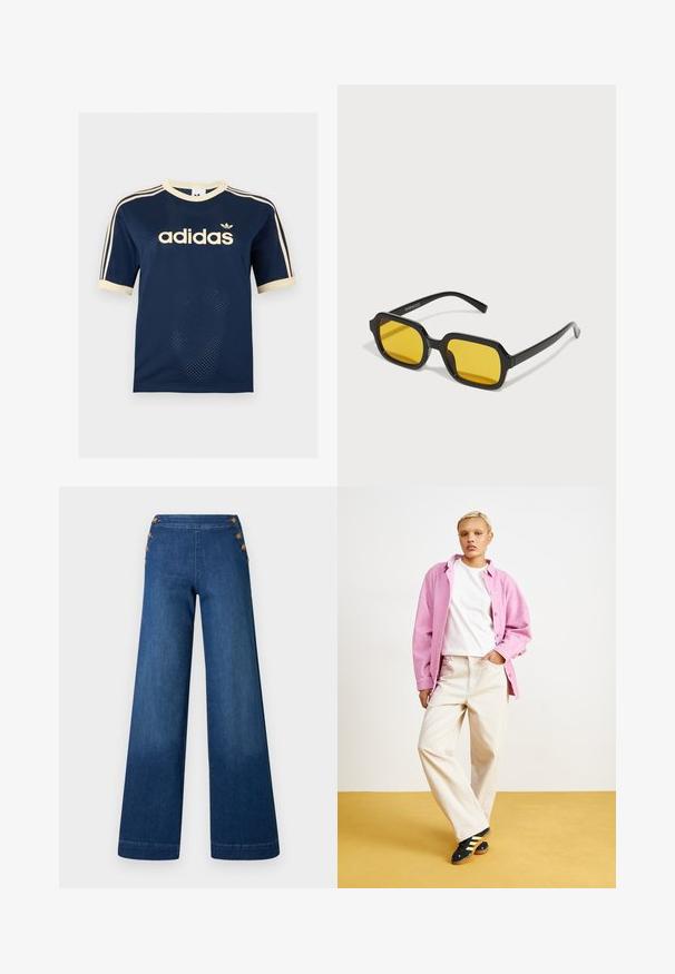 Adidas mørkeblå mesh t-shirt med korte ærmer med cremefarvet kant, tre cremefarvede striber på ærmerne og Adidas-logo på brystet.; Denimbukser med vidde i benene i mørkeblå. Har en flad front med fem knapper i gylden tone til lukning. Glat tekstur med en klassisk finish.; Lyserød fløjls skjorte over en hvid t-shirt, parret med beige brede bukser og sorte sko med gule striber. Sat mod en gul baggrund.; Sorte rektangulære solbriller med gule linser. Funktioner inkluderer tykke stel og kantet design med en glat, blank finish.