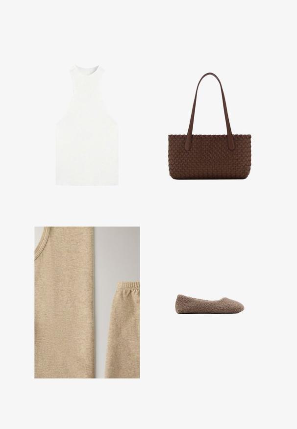 Witte mouwloze gebreide top met hoge hals en brede armopeningen, met een aansluitende geribbelde textuur.; Beige katoenen mouwloze top en bijpassende beige broek met elastische tailleband plat gelegd op een lichtgrijze ondergrond.; Bruine, met fleece gevoerde ballerina met een ronde neus. Zachte textuur en naadloos ontwerp, met een low-profile silhouet. Geen zichtbare hardware.; Bruine leren handtas met een geweven textuurpatroon, voorzien van twee lange, smalle handvatten voor schouderdragen.