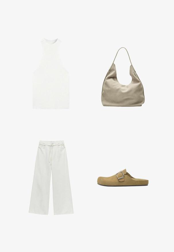 Witte mouwloze gebreide top met hoge hals en brede armopeningen, met een aansluitende geribbelde textuur.; Hoge taille wijduitlopende witte broek met riemlussen, knoop aan de voorkant, koordsluiting en zijzakken.; Tan suède instapslof met afgeronde neus, zilverkleurige verstelbare gesp en platte zwarte zool.; Grote, zachte beige suède hobo tas met een brede schouderband en een nonchalante, ongestructureerde vorm, tegen een witte achtergrond.