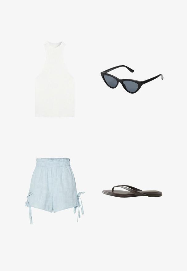 Hvid ærmeløs strikket top med høj hals og brede ærmegab, med tætsiddende ribbet struktur.; Lyseblå gingham shorts med elastisk talje. Har sidelæg og en afslappet pasform. Fremstillet af blød, letvægtsstof.; Mørkebrun læder flip-flop sandal med en tynd tåpost og flad sål, vist fra siden på en hvid baggrund.; Sorte katteøje solbriller med mørkegrå linser, slankt plastisk stel, spidse hjørner og lige stænger. Ingen synlig hardware eller dekorationer.
