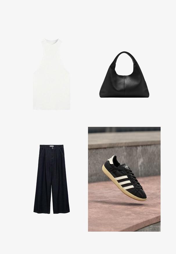 Hvid ærmeløs strikket top med høj hals og brede ærmegab, med tætsiddende ribbet struktur.; Mørk denim bredbenede bukser med høj talje, der har en frontlukning med knap, to sidelommer og syningsdetaljer.; Sort Adidas sneaker med hvide striber og beige sål, fanget i luften over en stenet overflade og baggrund af en stenmur.; Sort textured læderhåndtaske med bred bund og tykke, afrundede håndtag, der har en central lodret søm og subtil syningsdetalje.