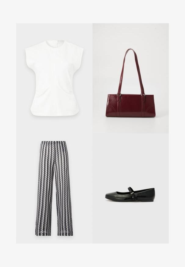 Haut blanc sans manches avec épaules structurées, encolure ronde, taille cintrée et détails discrets de poche avant sur un fond uni.; Pantalon à jambes larges à motif zigzag noir et blanc, taille haute, présenté à plat sur un fond blanc.; Ballerines en cuir noir avec un bout arrondi, une semelle plate et une fine sangle ajustable sur le cou-de-pied avec une boucle en métal.; Sac à main bordeaux en matériau brillant, de forme rectangulaire, avec deux anses et des accents légèrement courbés à l'avant.