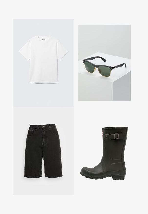 Witte T-shirt met korte mouwen en ronde hals, plat gelegd, effen ontwerp, met een "WEEKDAY" label in de kraag op een lichte achtergrond.; Zwarte high-waist denim shorts met knoop aan de voorkant, rits, riemlussen en vijf zakken, tegen een effen lichte achtergrond.; Zwarte rubberen regenlaars met een ronde neus, een gespband aan de bovenkant en een geprofileerde buitenzool voor grip.; Ray-Ban zonnebrillen met groene lenzen, zwarte plastic monturen en gouden accenten aan de randen. Vierkante vorm met een matte afwerking.