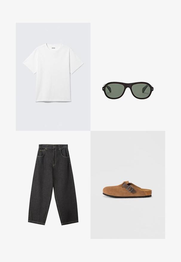 Weißes T-Shirt mit kurzen Ärmeln und Rundhalsausschnitt, flach liegend, schlichtes Design, mit „WEEKDAY“-Etikett innen im Kragen auf hellem Hintergrund.; Schwarze Denim-Hosen im Weitbein-Design mit gelben Nähten, fünf Taschen und einem mittelhohen Bund. Texturiertes Material mit glatter Oberfläche.; Braune Wildlederclogs mit einem verstellbaren braunen Lederriemen und einer silbernen Schnalle, ausgestattet mit einer geformten Korkfußbett und einer strukturierten Gummisohle.; Schwarze ovale Sonnenbrille mit dunkelgrünen Gläsern und kleinen silbernen sternförmigen Details an den Rahmenkanten.
