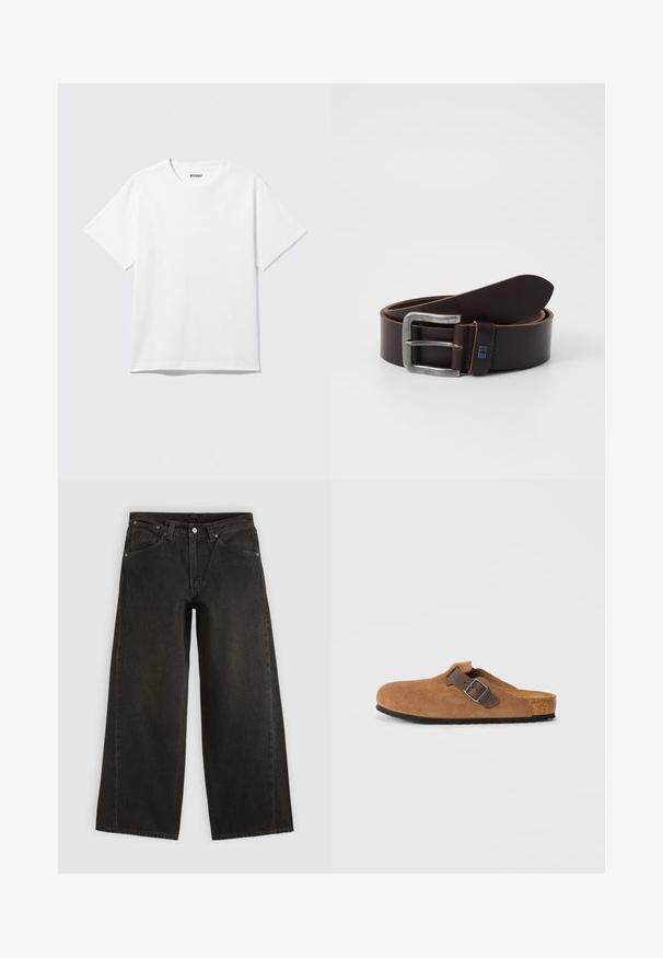 Weißes T-Shirt mit kurzen Ärmeln und Rundhalsausschnitt, flach liegend, schlichtes Design, mit „WEEKDAY“-Etikett innen im Kragen auf hellem Hintergrund.; Schwarze Jeans mit weitem Bein aus Denim, mit Fronttaschen, Knopfverschluss und Gürtelschlaufen, flach auf hellem Hintergrund dargestellt.; Braune Wildlederclogs mit einem verstellbaren braunen Lederriemen und einer silbernen Schnalle, ausgestattet mit einer geformten Korkfußbett und einer strukturierten Gummisohle.; Brauner Leder-Gürtel mit einer silbernen Metall-Schnalle. Das Band hat eine glatte Textur und eine kleine blaue Akzentuierung nahe der Schnalle.