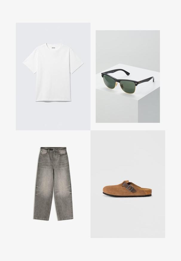 Witte T-shirt met korte mouwen en ronde hals, plat gelegd, effen ontwerp, met een "WEEKDAY" label in de kraag op een lichte achtergrond.; Grijs denim wijde broek met knopen aan de voorkant, ritssluiting, lussen voor een riem en een ontwerp met vijf zakken, plat gelegd op een witte achtergrond.; Bruine suede klompen met een verstelbare bruine leren band en zilveren gesp, voorzien van een gevormde kurken voetbed en een gestructureerde rubberen zool.; Ray-Ban zonnebrillen met groene lenzen, zwarte plastic monturen en gouden accenten aan de randen. Vierkante vorm met een matte afwerking.
