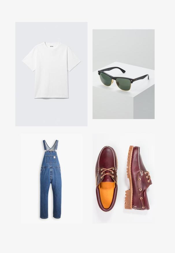 Hvid kortærmet crewneck T-shirt lagt fladt ud, ensfarvet design, med "WEEKDAY" mærkat inde i kraven på en lys baggrund.; Denim overalls i mellemblå, med justerbare stropper, en frontlomme og metalbeslag, i en afslappet pasform og lige ben-design.; Bordeaux lædersko med brune gummisåler, rund tå, hvid syning og gyldne snøringer. Indersiden har et gult for.; Ray-Ban solbriller med grønne linser, sorte plastikstel og gyldne detaljer ved kanterne. Firkantet form med mat finish.