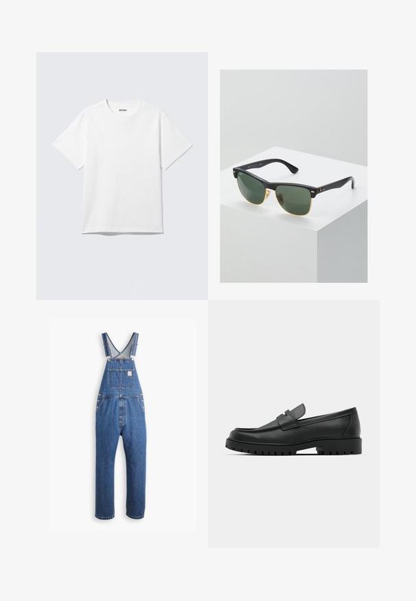 Witte T-shirt met korte mouwen en ronde hals, plat gelegd, effen ontwerp, met een "WEEKDAY" label in de kraag op een lichte achtergrond.; Denim tuinbroek in medium blauw, met verstelbare schouderbanden, een borstzak en metalen hardware. Het heeft een relaxte pasvorm en een recht model.; Zwarte leren instappers met een ronde neus, voorzien van een gestikt ontwerp, een lage platformzool en een gestructureerde, grof rubberen buitenzool.; Ray-Ban zonnebrillen met groene lenzen, zwarte plastic monturen en gouden accenten aan de randen. Vierkante vorm met een matte afwerking.