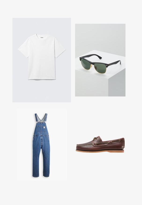 Hvid kortærmet crewneck T-shirt lagt fladt ud, ensfarvet design, med "WEEKDAY" mærkat inde i kraven på en lys baggrund.; Denim overalls i mellemblå, med justerbare stropper, en frontlomme og metalbeslag, i en afslappet pasform og lige ben-design.; Brun læder bådsko med hvide sømme, snøre detaljer og lysbrun gummisål, vist fra siden på hvid baggrund.; Ray-Ban solbriller med grønne linser, sorte plastikstel og gyldne detaljer ved kanterne. Firkantet form med mat finish.