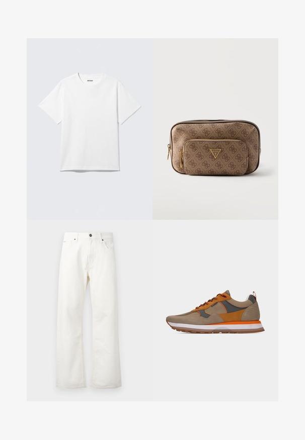 Witte T-shirt met korte mouwen en ronde hals, plat gelegd, effen ontwerp, met een "WEEKDAY" label in de kraag op een lichte achtergrond.; Witte uitlopende jeans gemaakt van denim, met een standaard tailleband, voorzakken en een knoopsluiting. Getextureerde stof met een schone afwerking.; Heren sneaker in beige en oranje met bruine accenten, vetersluiting, rubberen zool en gestructureerde details op de hiel en zijkanten.; Bruine designer toilettas met monogrammenpatroon, voorvak met rits en goudkleurig Guess-logo op een effen witte achtergrond.