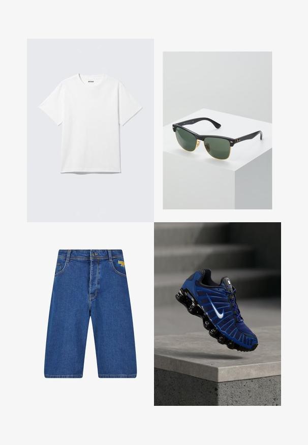 Witte T-shirt met korte mouwen en ronde hals, plat gelegd, effen ontwerp, met een "WEEKDAY" label in de kraag op een lichte achtergrond.; Donkerblauwe denim short met een relaxed fit, voorzien van een standaard vijf-pocket ontwerp, gele logo-detail en contrasterende stiksels.; Blauwe en zwarte Nike hardloopschoen met wit swoosh-logo, zwevend boven een betonnen rand met gestructureerde treden op de vervaagde achtergrond.; Ray-Ban zonnebrillen met groene lenzen, zwarte plastic monturen en gouden accenten aan de randen. Vierkante vorm met een matte afwerking.