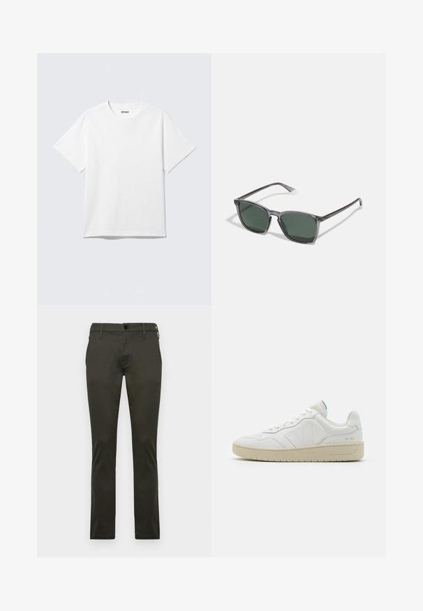 Hvid kortærmet crewneck T-shirt lagt fladt ud, ensfarvet design, med "WEEKDAY" mærkat inde i kraven på en lys baggrund.; Khaki chinos med en slank pasform, lavet af blødt bomuldsstof. Har en standard knaplukning og bæltestropper. Flad frontdesign.; Hvide lædersneakers med struktureret overflade og polstret krave. Har en beige gummisål og diskret branding på hælen og siden.; Polaroid Solbriller - grey