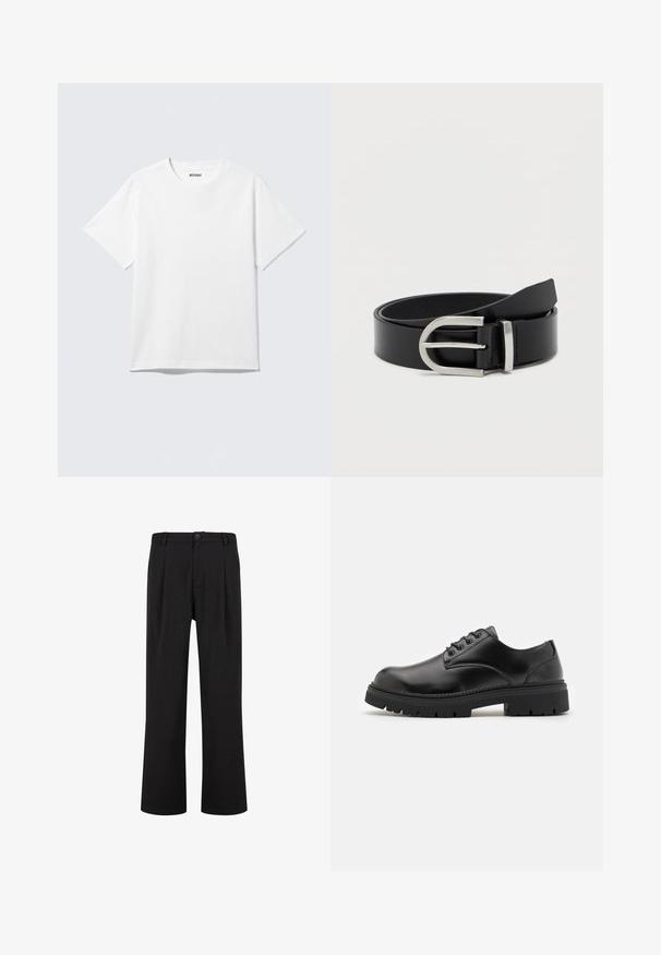 T-shirt blanc à manches courtes et col rond, étalé à plat, design uni, avec l'étiquette "WEEKDAY" à l'intérieur du col sur un fond clair.; Pantalon noir droit pour homme avec passants de ceinture, fermeture à boutons à l’avant et poches latérales, présenté sur fond blanc.; Chaussures en cuir noir avec un bout rond, un laçage et une semelle en caoutchouc épaisse et texturée. Présente des coutures le long du bord et une finition lisse.; Ceinture en cuir noir avec une texture lisse, dotée d'une boucle en métal argenté et d'une forme rectangulaire classique.