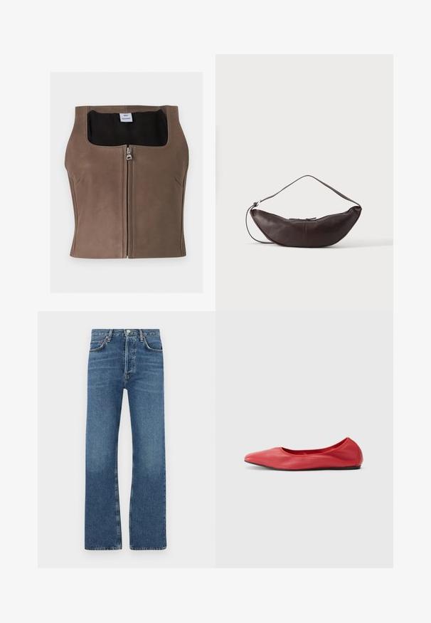 Ærmeløs brun cropped vest i imiteret læder med lynlås foran og firkantet halsudskæring, med sort inderfor og mærke indeni.; Blå jeans lavet af denim, med en lige ben design, fem lommer, en knaplukning og subtile slidte områder på lårene.; Filippa K REY FLATS - Ballerinasko - bright red; Mørkebrun læder skuldertaske i halvmåneform med buet rem og synlige syninger på ensfarvet baggrund.