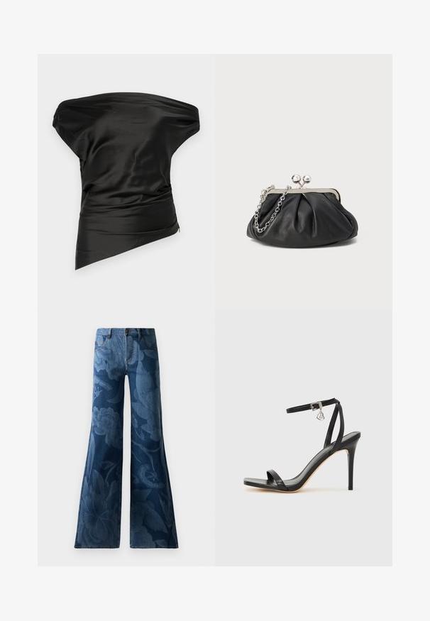 STAUD PHARE - Top - black; Bukser i mørkeblåt denim med udvidet ben i bunden, prydet med en tonal blomsterprint. Standard fem-lomme design med en frontknap og lynlås.; Sort hæl-sandal med smal ankrem, firkantet tå-boks, glat lædermateriale og metalspænde som pynt.; Sort læder clutch med samlet tekstur, sølvfarvet metalramme, kys-lås lukning og kædestrop. Glat, blød overflade.