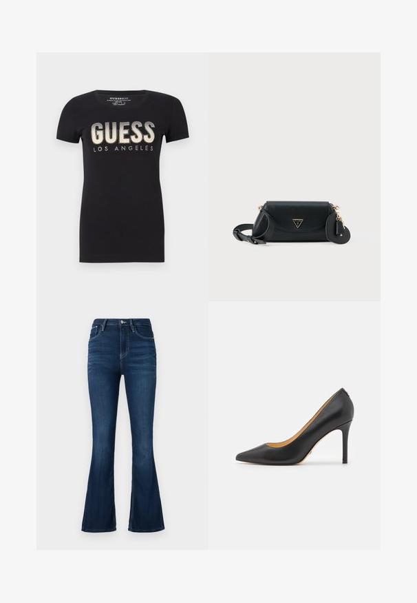 Zwarte katoenen t-shirt met ronde halslijn en korte mouwen, met een glinsterend "GUESS LOS ANGELES" logo in een metallic afwerking.; Hoge taille flared jeans in donkere denim. Voorzien van een knoop- en ritssluiting aan de voorkant, riemlussen en een minimalistisch beschadigde textuur.; Zwarte leren puntige hakken met een stiletto hak, voorzien van een gladde textuur en een minimalistisch ontwerp. Interieur is gevoerd in een tan kleur.; Zwarte leren Guess crossbody tas met gouden logo, verstelbare schouderband en een aangehechte hartvormige bedel op een witte achtergrond.