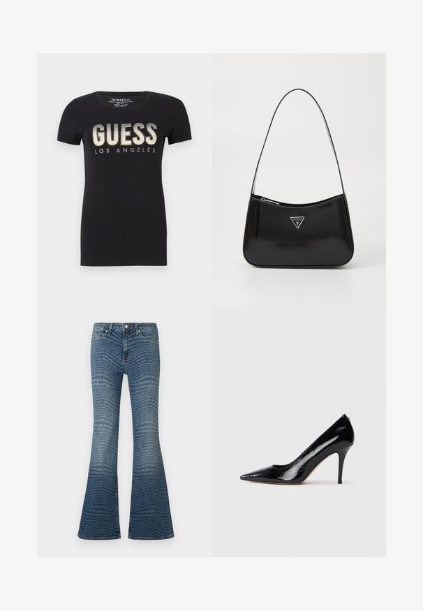 Sort bomulds t-shirt med rund halsudskæring og korte ærmer, prydet med et glitrende "GUESS LOS ANGELES" logo i metalfinish.; Blå vidde jeans med gentaget "JOOP! JEANS" logo mønster over det hele og klassisk fem-lomme design.; Sort højtaljet pumpekappe i laklæder med spids tå, der har en glat tekstur og en slank stiletthæl. Ingen synlige metaldele.; Sort patenteret læder skuldertaske med en buet form, prydet med et sølvfarvet trekantet logo og en lynlås-lukning. Glat tekstur og slank rem.
