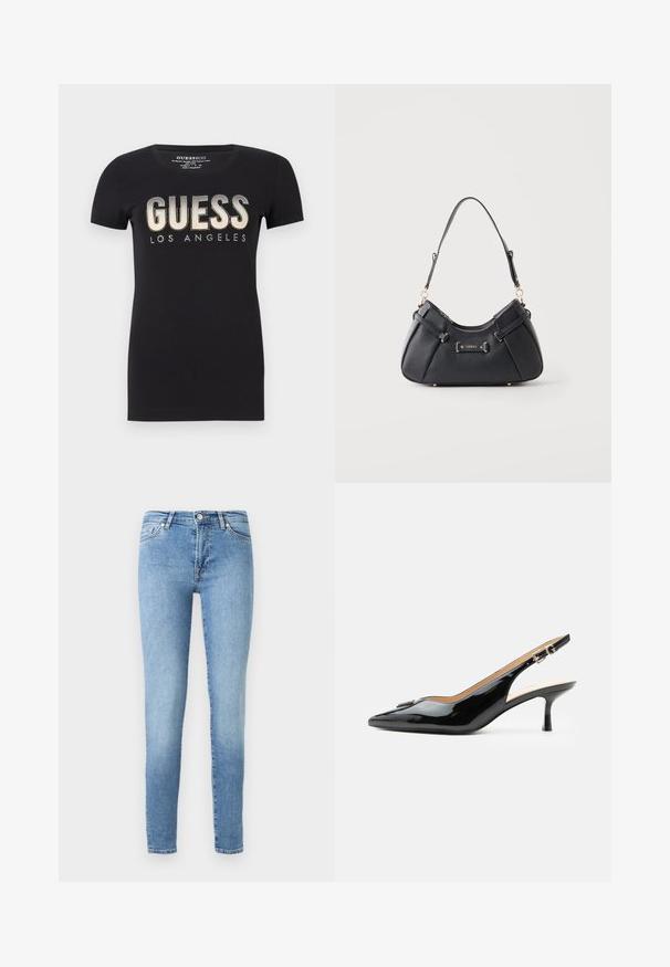Čierne bavlnené tričko s okrúhlym výstrihom a krátkymi rukávmi, s lesklým logom "GUESS LOS ANGELES" v metalickom finiši.; Svetlomodré skinny džínsy vyrobené z denimu, s klasickým dizajnom piatich vreciek, jemným vyblednutím a štandardným pásom s priehľadom.; Čierny lakovaný slingback s špicatou špičkou, nízkym kitten opätkom a striebornou prackou na čistom bielom pozadí.; Čierna kožená kabelka cez rameno so zlatými kovovými prvkami a plaketou s logom Guess, vybavená jedným popruhom a zipsovým zatváraním na hornej strane.