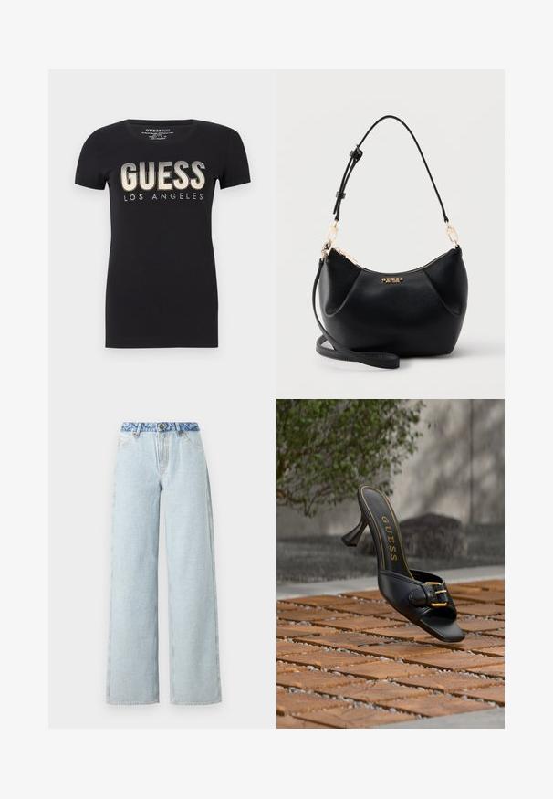Must musta T-särk ümarate kaelustega ja lühikeste varrukatega, millel on glittersõnum "GUESS LOS ANGELES" metallik viimistlusega.; Heledad sinine laiad püksid pleekinud pesuga, millel on kontrastne sinine denimpits ning traditsiooniline viie-tasku disain.; Mustad kõrge kontsaga mule kuldse pannaliga ja siseküljel "GUESS" logo, paigutatud tekstuurse väliplaaditud põranda peale, kus ähmased roheluse taust.; Must tekstuuriga nahast õlakott kuldse luku, reguleeritava rihma ja kuldse "GUESS" logoga esiküljel keskel.