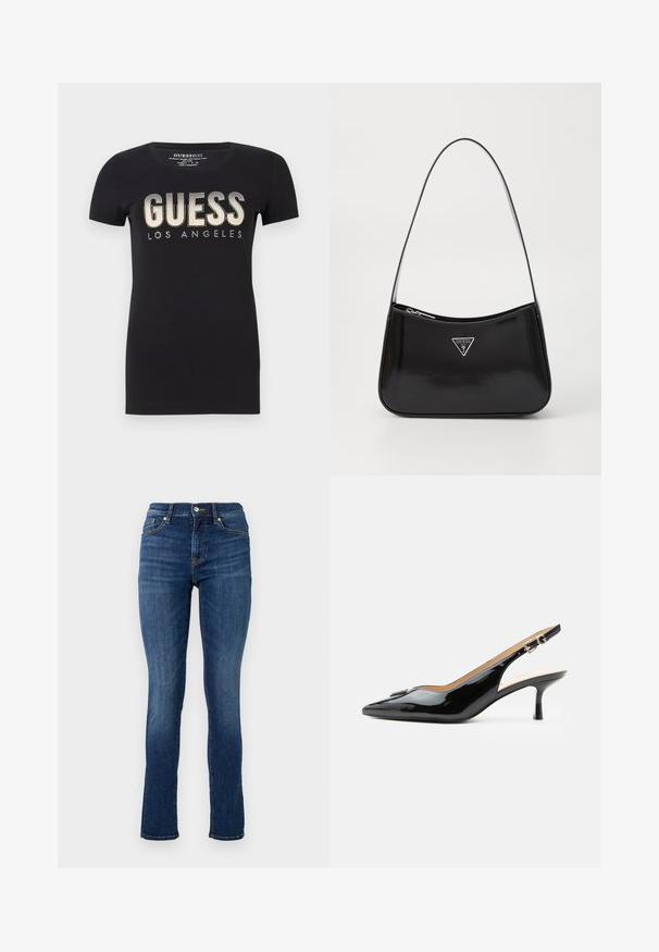 Zwarte katoenen t-shirt met ronde halslijn en korte mouwen, met een glinsterend "GUESS LOS ANGELES" logo in een metallic afwerking.; Donkerblauwe skinny jeans van denim, met een standaard tailleband, zijzakken en subtiele stikseldetails.; Zwarte lakleren slingback hak met spitse neus, kleine kittenhak en zilveren gespsluiting op een effen witte achtergrond.; Zwarte lakleren schoudertas met een gebogen vorm, voorzien van een zilveren driehoeklogo en een ritssluiting. Gladde textuur en slanke schouderband.