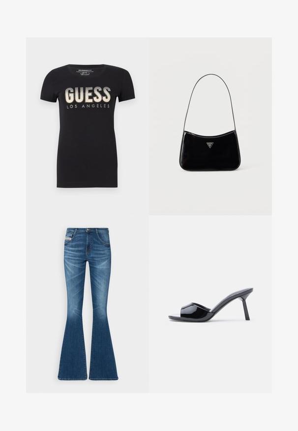 Sort bomulds t-shirt med rund halsudskæring og korte ærmer, prydet med et glitrende "GUESS LOS ANGELES" logo i metalfinish.; Flared jeans i mellemblå denim med høj talje, fem-lomme design og subtile whiskering-detaljer ved lårene.; Sorte laklæder sandaletter med åben tå, der har et buet overdesign og en spids stilethæl. Glat, blank finish.; Sort skuldertaske i laklæder med tynd rem, trekantet Guess-logo foran og lynlåslukning i toppen.