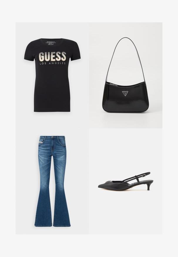T-shirt en coton noir avec un col rond et des manches courtes, arborant un logo "GUESS LOS ANGELES" pailleté dans une finition métallique.; Jean évasé en denim bleu moyen, avec une taille haute, un design à cinq poches et des détails de décoloration subtils au niveau des cuisses.; Chaussures noires à talon slingback avec un bout pointu, en matériau lisse, dotées d'un petit talon et d'un accent décoratif en argent sur le dessus.; Sac à épaule en cuir verni noir avec une forme incurvée, présentant un logo triangle en argent et une fermeture éclair. Texture lisse et bandoulière fine.