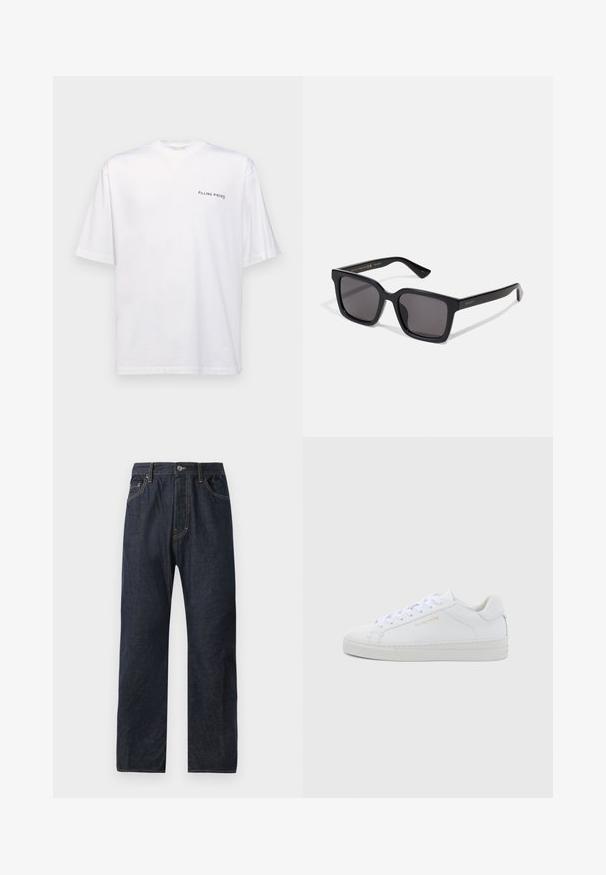 Witte katoenen T-shirt met korte mouwen en een V-hals, voorzien van een zwart "FILLING PIECES" logo dat aan de linkerkant is gedrukt.; Donkerblauwe denim jeans met een rechte pijp, voorzien van vijf zakken, subtiele stiksels en een knoopsluiting in de taille.; Witte leren lage sneakers met een ronde neus, platte veters, een gestructureerde zool en subtiele gouden branding aan de zijkant. Gladde oppervlakte en minimalistisch ontwerp.; Zwarte vierkante zonnebril met donkere lenzen. Het montuur heeft een matte afwerking met gouden "GUCCI" branding op de arm. Stevig ontwerp met hoekige randen.