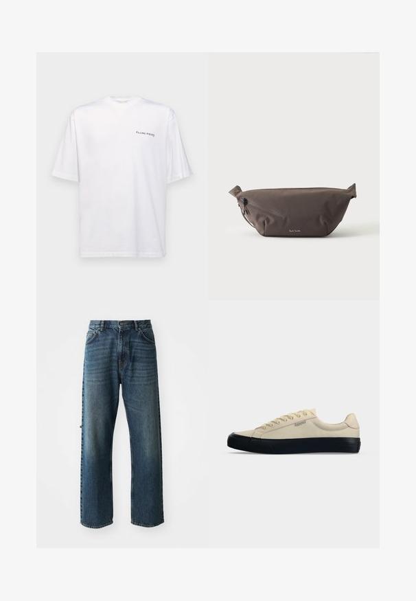 Witte katoenen T-shirt met korte mouwen en een V-hals, voorzien van een zwart "FILLING PIECES" logo dat aan de linkerkant is gedrukt.; NN.07 OTIS - Straight leg jeans - stonewashed; Lage beige canvas sneaker met zwarte rubberen zool en neuskapje, vetersluiting en klein zijlogo label aan de linkerkant.; Donkerbruine stoffen heuptas met diagonale ritssluiting en klein wit logo aan de voorkant, tegen een effen lichte achtergrond.