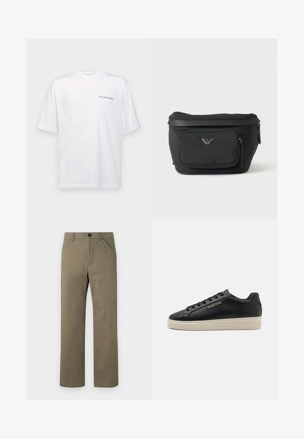 Witte katoenen T-shirt met korte mouwen en een V-hals, voorzien van een zwart "FILLING PIECES" logo dat aan de linkerkant is gedrukt.; Licht olijfgroene broek van soepel, stevig materiaal. Heeft een knoop- en ritsluiting, zijzakken en een rechte pijpenontwerp.; Zwarte leren sneaker met een gladde afwerking, contrasterende crèmekleurige zool, ronde neus, gouden logo aan de zijkant en zes gaatjes voor veters.; Zwarte heuptas met voorvak met rits en zilveren adelaarlogo, gladde stof met gestructureerde afwerking en ritstrekker.