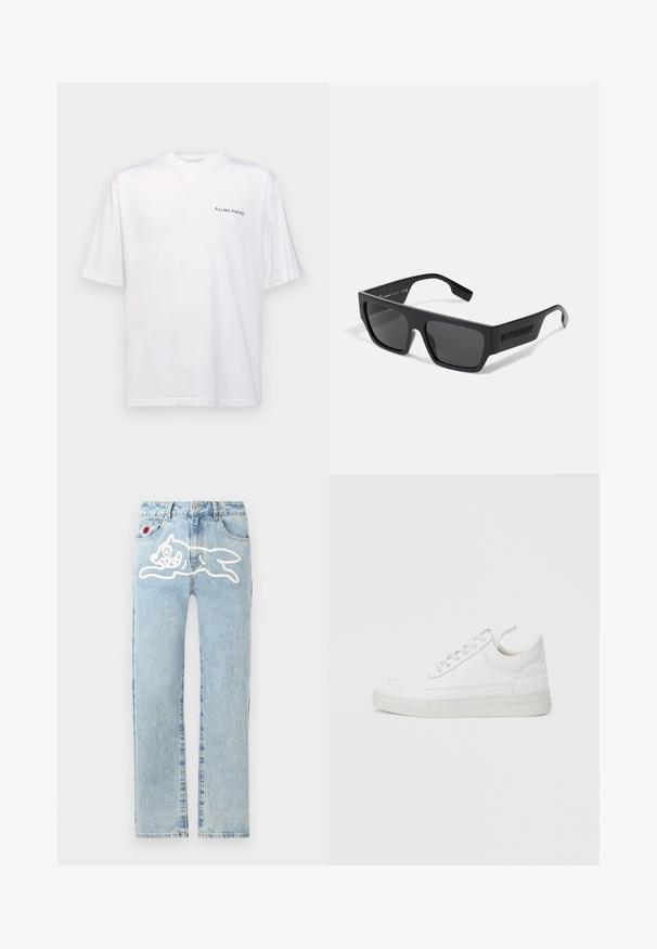 Hvid kortærmet t-shirt i bomuld med v-hals, med et sort "FILLING PIECES" logo trykt på venstre side.; Icecream RUNNING DOG PANT - Jeans Straight Leg - heavy wash blue; Hvid lædersneaker med rundet tå, flad sål og snørebånd foran. Har syningsdetaljer og polstret krave for komfort.; Sorte solbriller med rektangulær form, mat finish og grå linser. Har et prægede logo på stængerne. Klassisk design.