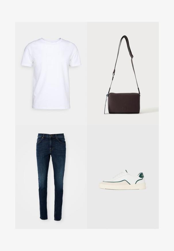 Witte katoenen t-shirt met korte mouwen en een ronde hals. Eenvoudig ontwerp zonder patronen of accenten. Glad textuur.; Donkerblauwe denim jeans met een slim fit, gestructureerd ontwerp, vijf-pocketstijl en lichte vervagingdetails langs de benen en naden.; Witte lage sneakers met groene accenten, beige suede details en een crème-kleurige zool met een geribbelde onderkant.; Donkerbruine gestructureerde leren crossbodytas met verstelbare riem en klein decoratief blauw accent aan de zijkant.