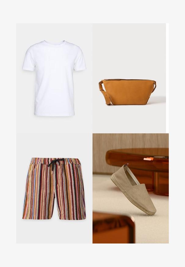 T-shirt blanc à manches courtes en tissu de coton avec un col rond. Design simple sans motifs ni accents. Texture lisse.; Shorts longueur genou avec des rayures verticales multicolores dans des tons de rouge, bleu, marron et rose, avec une taille élastique et un cordon noir.; Espadrille en toile beige avec semelle tressée et petite languette tricolore sur le talon, posée sur un tapis clair avec un mobilier teinté d'ambre en arrière-plan.; Sac bandoulière en cuir marron clair avec sangle réglable et fermeture éclair, présenté sur un fond clair uni.
