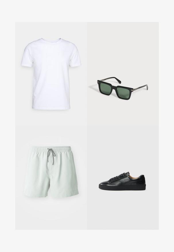 T-shirt blanc à manches courtes en tissu de coton avec un col rond. Design simple sans motifs ni accents. Texture lisse.; Shorts de bain vert clair avec une taille élastique, un cordon de serrage ajustable et des poches latérales. Texture lisse, longueur au-dessus du genou.; Baskets en cuir noir avec une texture lisse, bout rond et fermeture à lacets. Comprend une semelle en caoutchouc épaisse et un minimum de détails de marque.; Lunettes de soleil noires à monture rectangulaire avec verres teintés verts et détails de charnière argentés sur fond blanc.