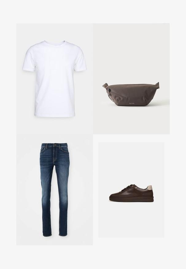 Witte katoenen t-shirt met korte mouwen en een ronde hals. Eenvoudig ontwerp zonder patronen of accenten. Glad textuur.; Donkerblauwe denim jeans met een slim fit, voorzien van vijf zakken, gouden stiksels en een licht vervaagde voorkant voor een casual uitstraling.; Laagprofiele donkerbruine leren sneaker met geribbelde zool en lichtbeige hieltab, gezien van opzij tegen een witte achtergrond.; Donkerbruine stoffen heuptas met diagonale ritssluiting en klein wit logo aan de voorkant, tegen een effen lichte achtergrond.