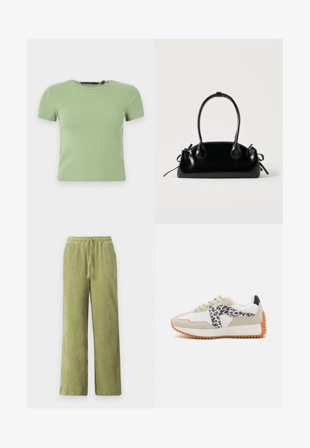 Lysegrøn ribbet crop top med korte ærmer, rund halsudskæring og tætsiddende pasform på hvid baggrund.; Grønne fløjl bukser med vidde, elastisk talje og snøre detaljer. Lodrette ribber i stoffet skaber tekstur.; Beige og hvid sneaker med et leopardtryk-panel, tekstureret ruskind og gummisål med riller for greb. Snørebånd og polstret krave inkluderet.; Lille sort blank håndtaske med to lange håndtag og snøre-detaljer i siden på en ensfarvet lys baggrund.