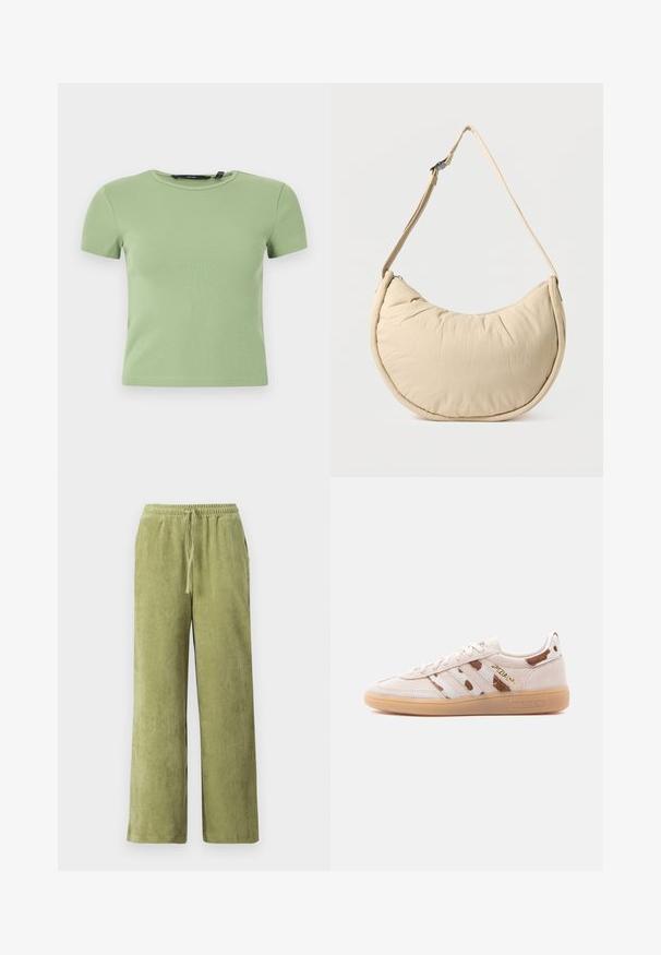 Hellgrünes, geripptes Crop-Top mit kurzen Ärmeln, rundem Ausschnitt und enger Passform vor weißem Hintergrund.; Grüne Cord-Hosen mit weitem Bein, elastischem Bund und Kordelzug. Vertikale Rillen im Stoff schaffen Textur.; Beiger Sneaker aus Wildleder mit niedrigem Schaft, Gummisohle, braun-weiß gestreiftem Muster und "SPEZIAL" in goldenen Buchstaben an der Seite.; Beige Halbmond-Schultertasche mit weicher, gepolsterter Textur. Verfügt über einen verstellbaren Riemen und einen Reißverschluss entlang der oberen Kante.